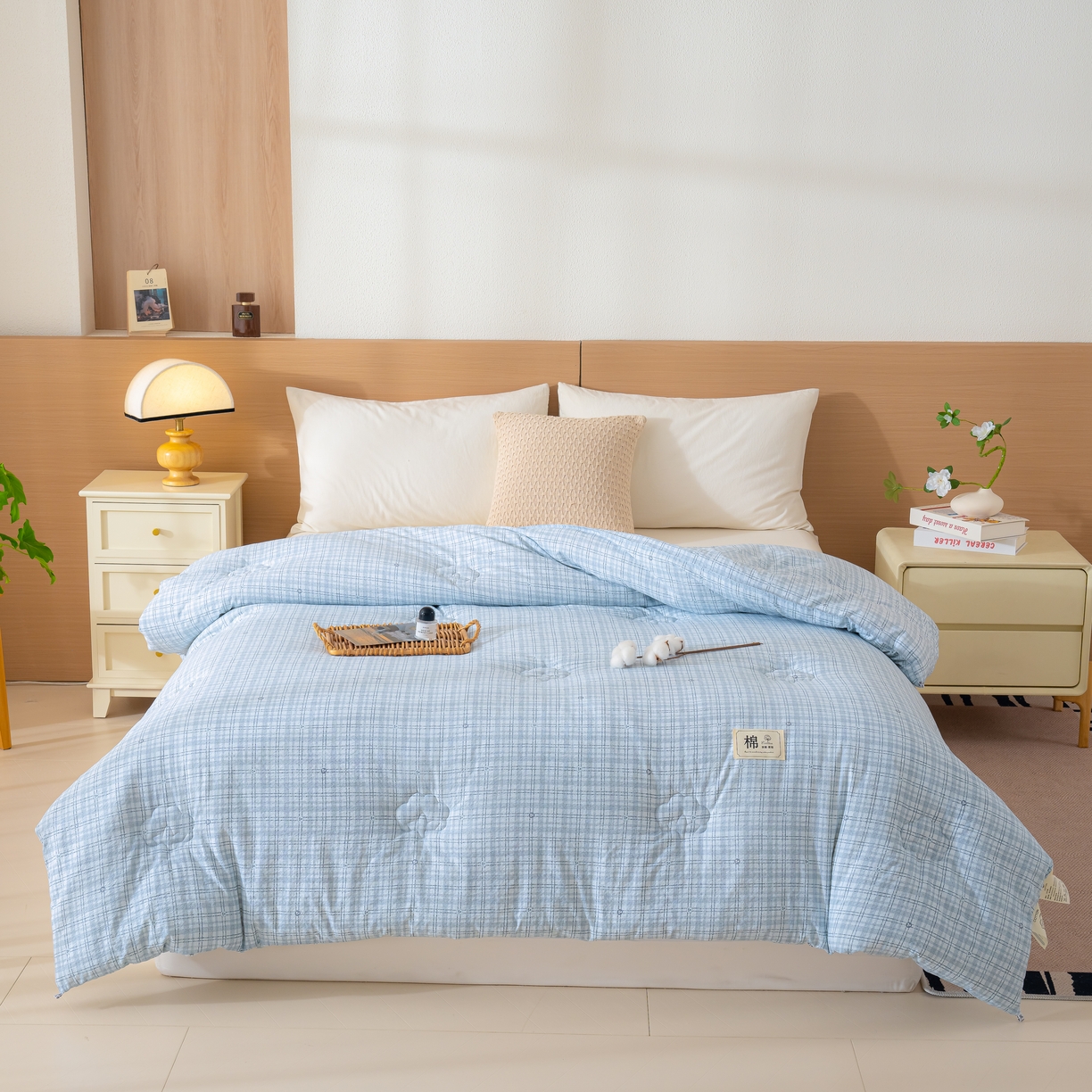 91家纺网 家纺一手货源 找家纺 蓝冰家纺 2025新款亚麻棉花冬被 蓝色小细格