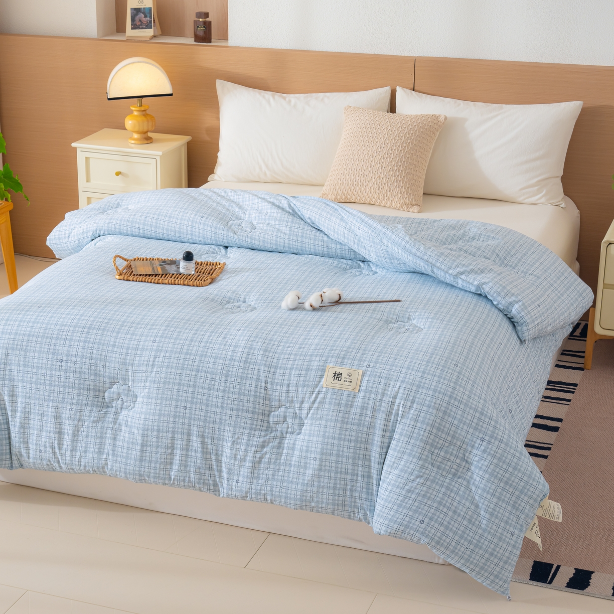 91家纺网 家纺一手货源 找家纺 蓝冰家纺 2025新款亚麻棉花冬被 蓝色小细格