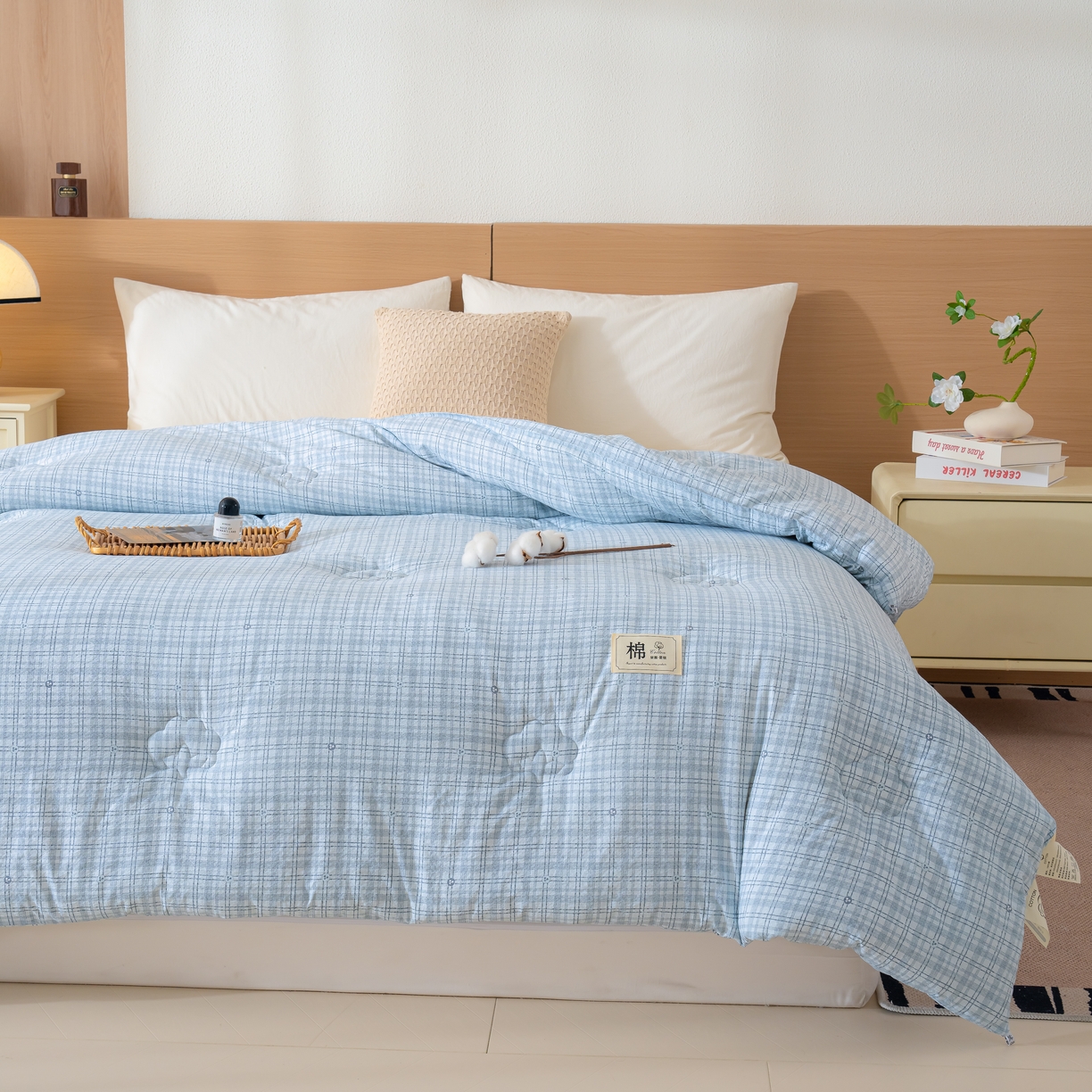 91家纺网 家纺一手货源 找家纺 蓝冰家纺 2025新款亚麻棉花冬被 蓝色小细格