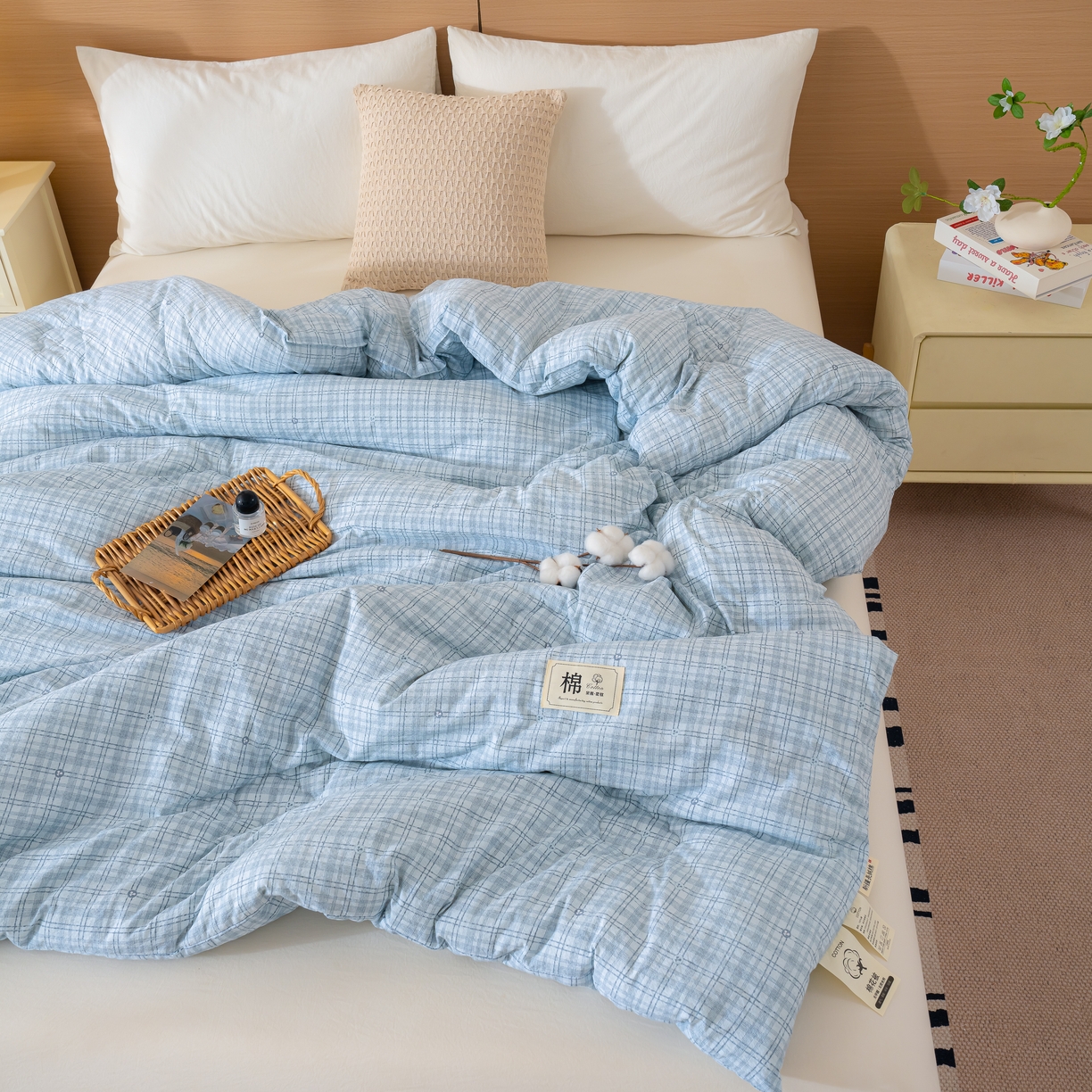 91家纺网 家纺一手货源 找家纺 蓝冰家纺 2025新款亚麻棉花冬被 蓝色小细格