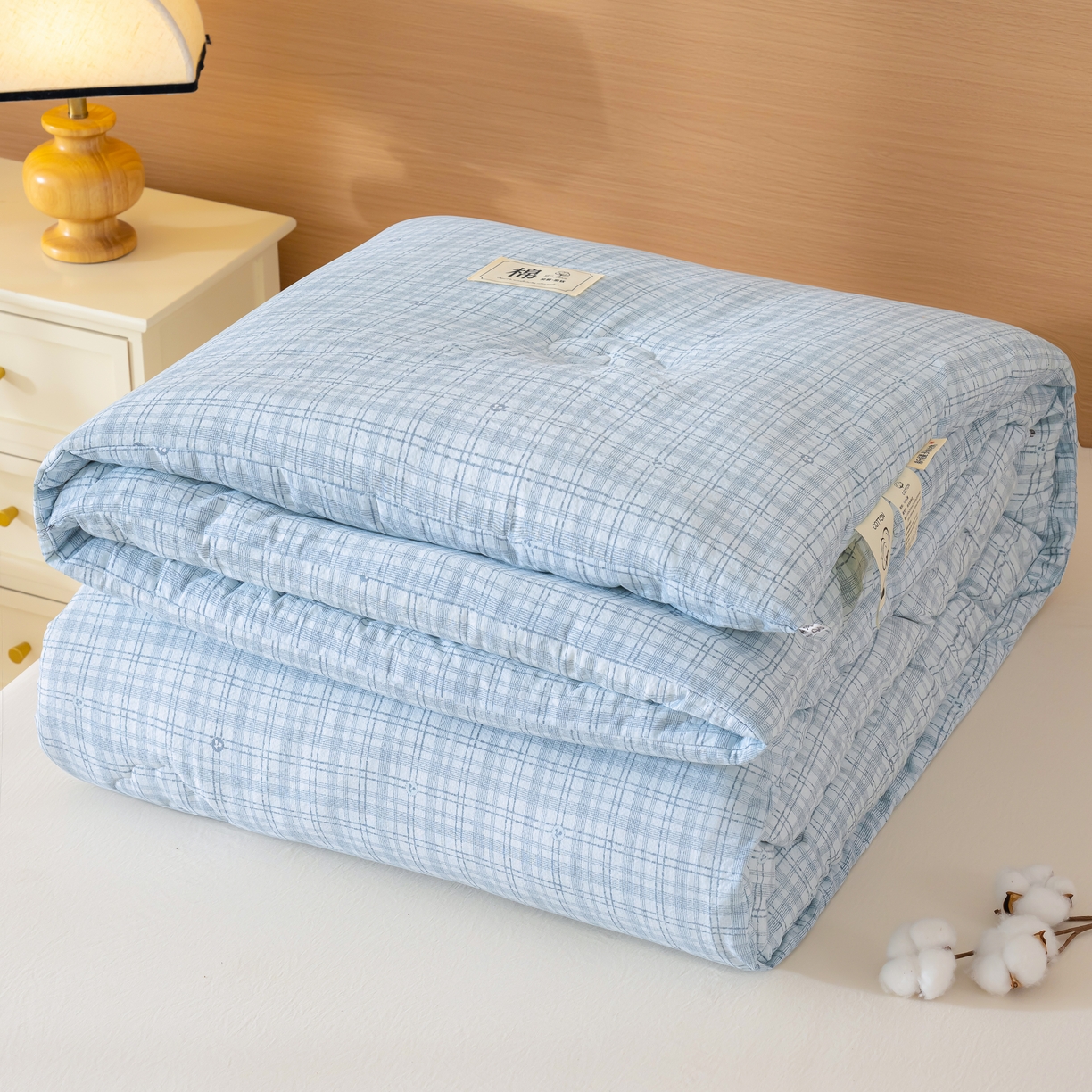 91家纺网 家纺一手货源 找家纺 蓝冰家纺 2025新款亚麻棉花冬被 蓝色小细格