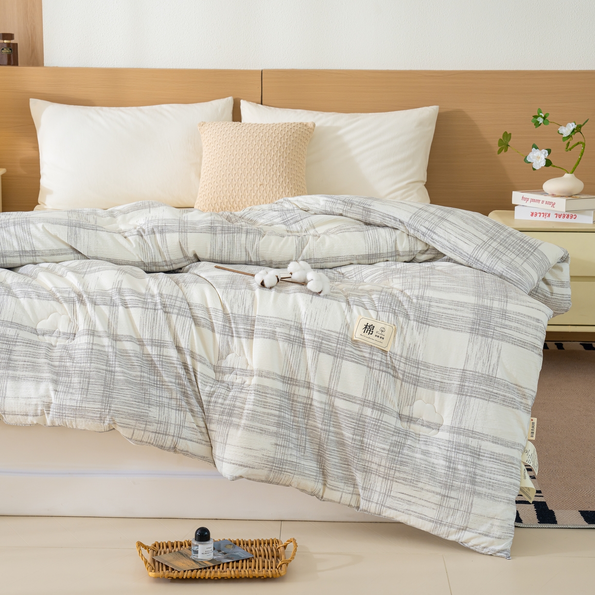 91家纺网 家纺一手货源 找家纺 蓝冰家纺 2025新款亚麻棉花冬被 浅灰格子
