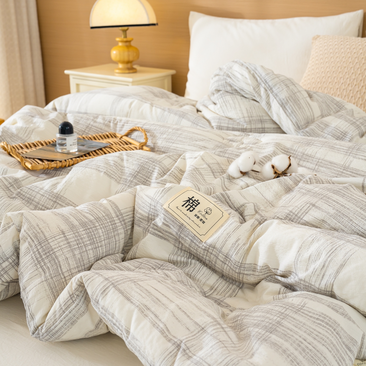 91家纺网 家纺一手货源 找家纺 蓝冰家纺 2025新款亚麻棉花冬被 浅灰格子