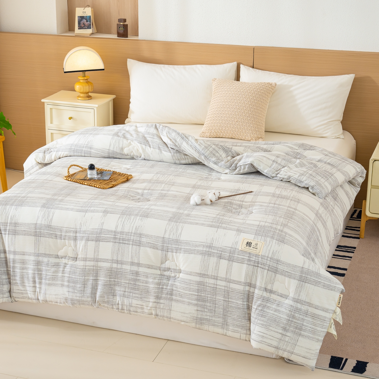 91家纺网 家纺一手货源 找家纺 蓝冰家纺 2025新款亚麻棉花冬被 浅灰格子