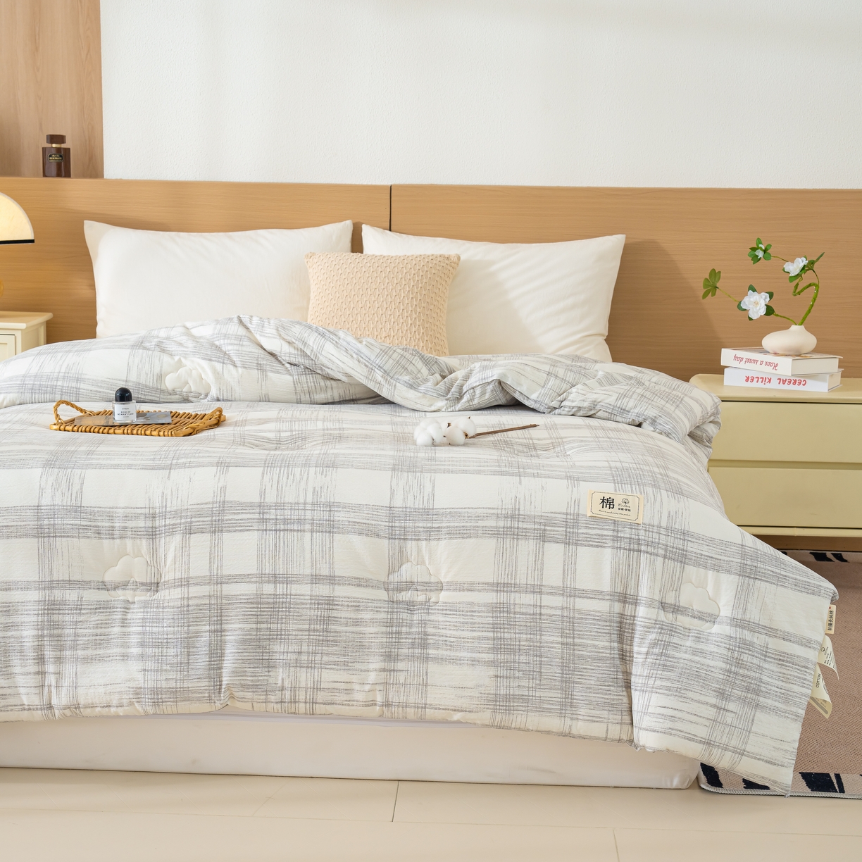 91家纺网 家纺一手货源 找家纺 蓝冰家纺 2025新款亚麻棉花冬被 浅灰格子