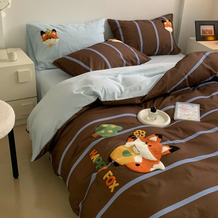 91家纺网 家纺一手货源 找家纺 如意朵 2025新款全棉加厚磨毛毛巾绣四件套（专版花型） 小狐狸