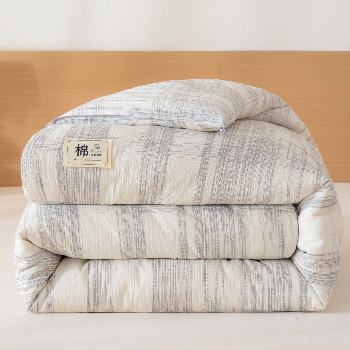蓝冰家纺 2025新款亚麻棉花冬被 浅灰格子
