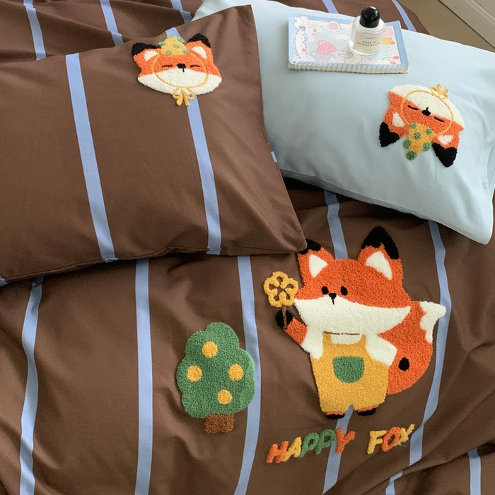 91家纺网 家纺一手货源 找家纺 如意朵 2025新款全棉加厚磨毛毛巾绣四件套（专版花型） 小狐狸