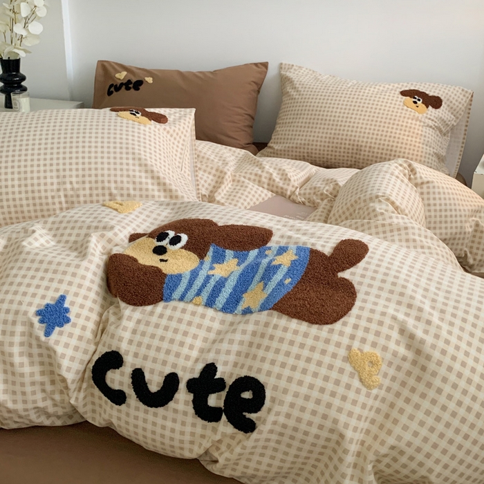 91家纺网 家纺一手货源 找家纺 如意朵 2025新款全棉加厚磨毛毛巾绣四件套（专版花型） 羞羞狗