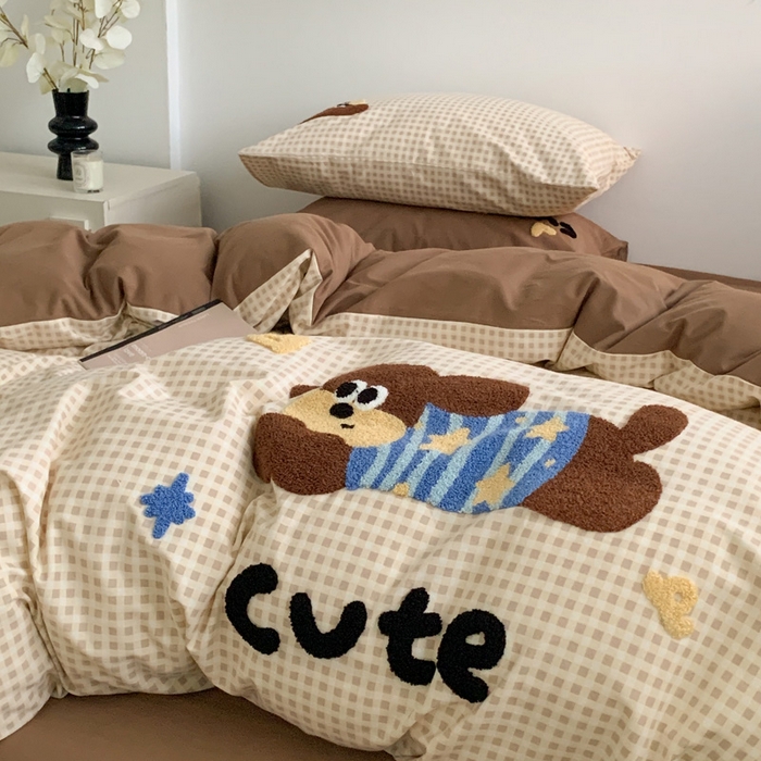 91家纺网 家纺一手货源 找家纺 如意朵 2025新款全棉加厚磨毛毛巾绣四件套（专版花型） 羞羞狗