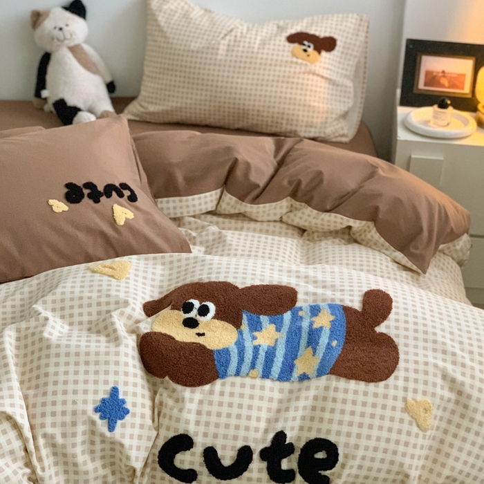 91家纺网 家纺一手货源 找家纺 如意朵 2025新款全棉加厚磨毛毛巾绣四件套（专版花型） 羞羞狗