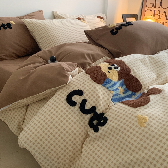 91家纺网 家纺一手货源 找家纺 如意朵 2025新款全棉加厚磨毛毛巾绣四件套（专版花型） 羞羞狗