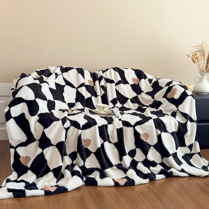 91家纺网 家纺一手货源 找家纺 璐维斯 2025新款A类兔毛绒双层多功能被套毯带拉链 卡通花卉牛奶绒毛毯秋冬保暖毯子盖毯 黑白棋盘格