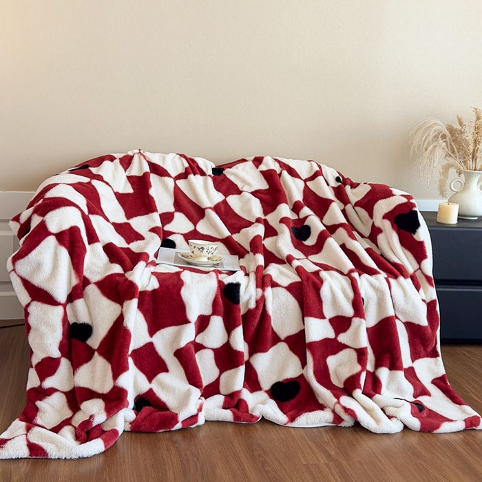 91家纺网 家纺一手货源 找家纺 璐维斯 2025新款A类兔毛绒双层多功能被套毯带拉链 卡通花卉牛奶绒毛毯秋冬保暖毯子盖毯 红色棋盘格
