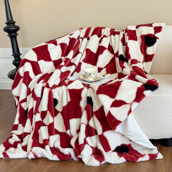 91家纺网 家纺一手货源 找家纺 璐维斯 2025新款A类兔毛绒双层多功能被套毯带拉链 卡通花卉牛奶绒毛毯秋冬保暖毯子盖毯 红色棋盘格