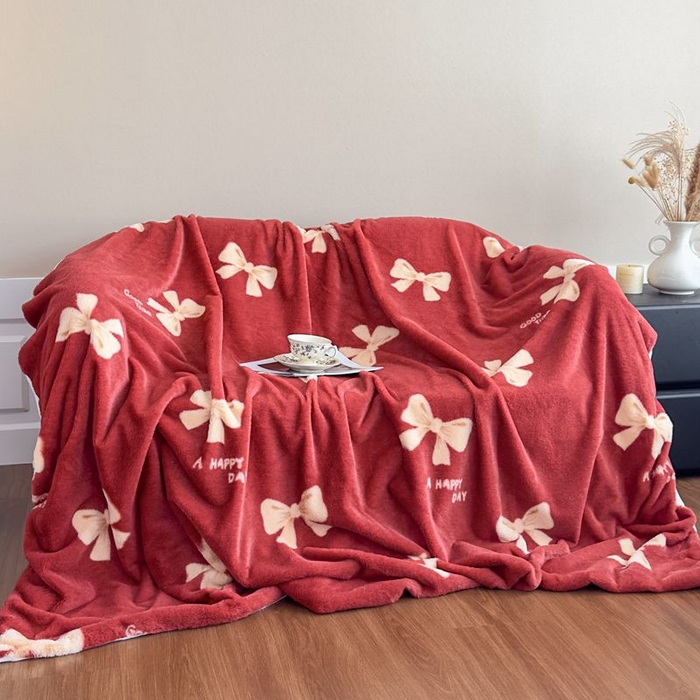 91家纺网 家纺一手货源 找家纺 璐维斯 2025新款A类兔毛绒双层多功能被套毯带拉链 卡通花卉牛奶绒毛毯秋冬保暖毯子盖毯 蝴蝶结红