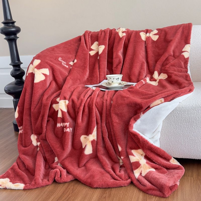 91家纺网 家纺一手货源 找家纺 璐维斯 2025新款A类兔毛绒双层多功能被套毯带拉链 卡通花卉牛奶绒毛毯秋冬保暖毯子盖毯 蝴蝶结红