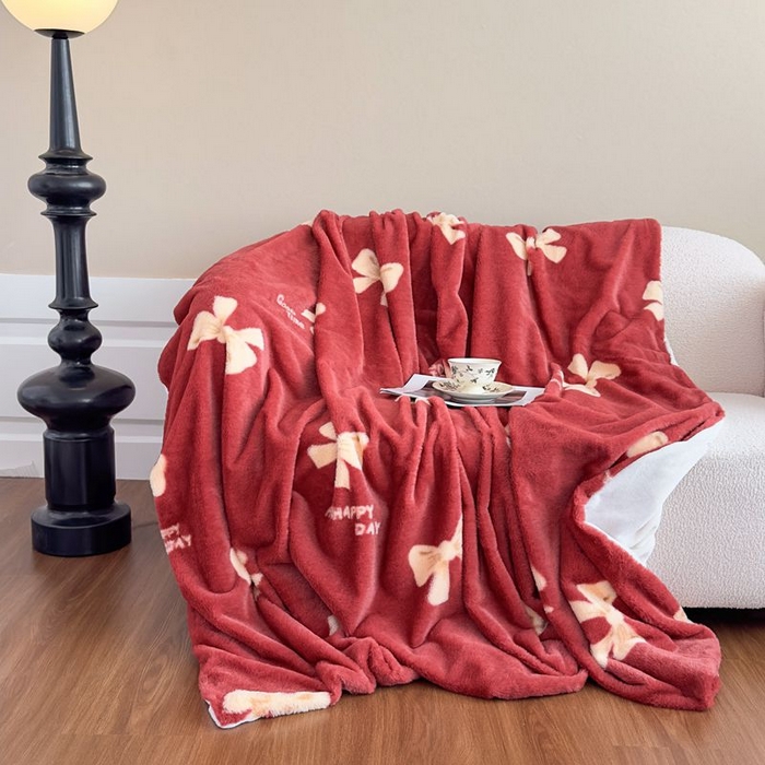 91家纺网 家纺一手货源 找家纺 璐维斯 2025新款A类兔毛绒双层多功能被套毯带拉链 卡通花卉牛奶绒毛毯秋冬保暖毯子盖毯 蝴蝶结红