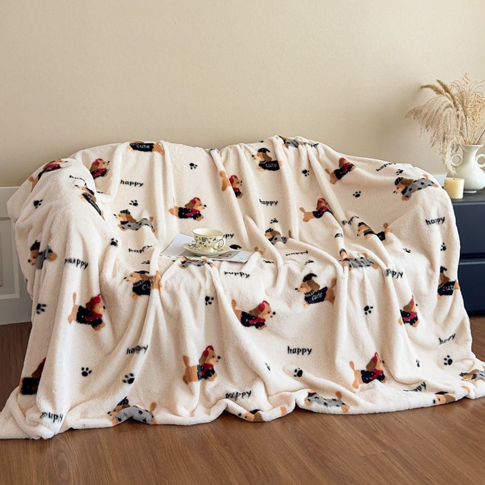 91家纺网 家纺一手货源 找家纺 璐维斯 2025新款A类兔毛绒双层多功能被套毯带拉链 卡通花卉牛奶绒毛毯秋冬保暖毯子盖毯 腊肠狗