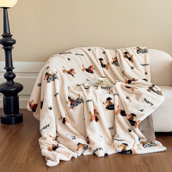 91家纺网 家纺一手货源 找家纺 璐维斯 2025新款A类兔毛绒双层多功能被套毯带拉链 卡通花卉牛奶绒毛毯秋冬保暖毯子盖毯 腊肠狗