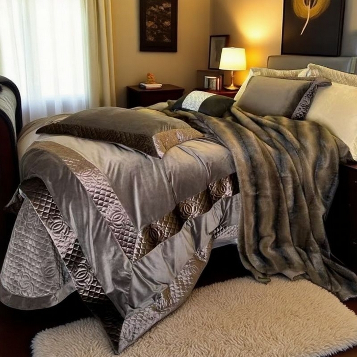 91家纺网 家纺一手货源 找家纺 保罗圣迪奥 2025新款全消光牛奶绒四件套 深灰色