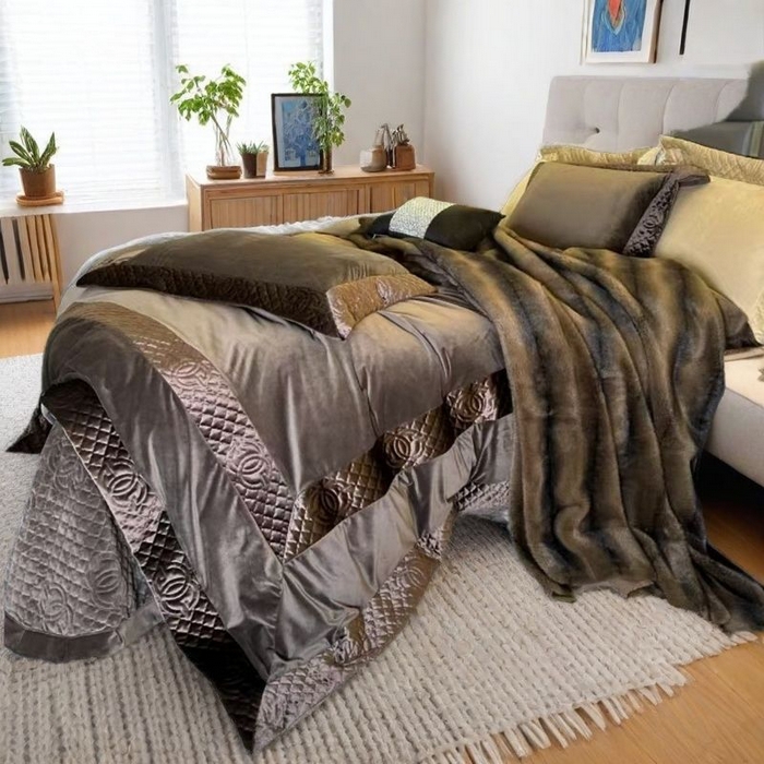 91家纺网 家纺一手货源 找家纺 保罗圣迪奥 2025新款全消光牛奶绒四件套 深灰色