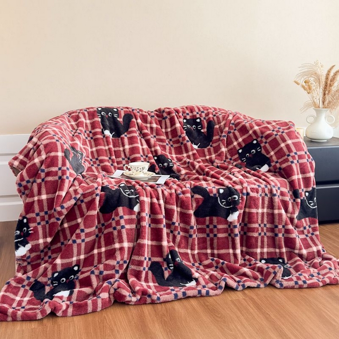 91家纺网 家纺一手货源 找家纺 璐维斯 2025新款A类兔毛绒双层多功能被套毯带拉链 卡通花卉牛奶绒毛毯秋冬保暖毯子盖毯 甜酷猫-红