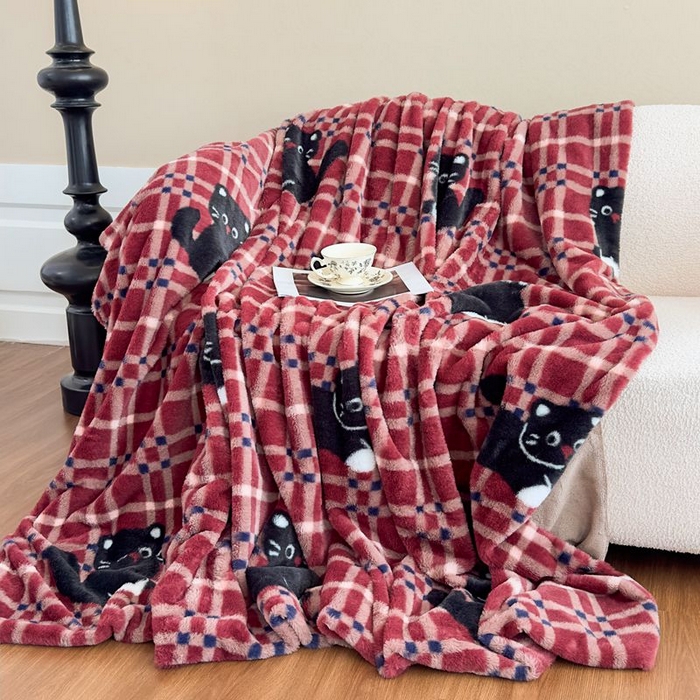 91家纺网 家纺一手货源 找家纺 璐维斯 2025新款A类兔毛绒双层多功能被套毯带拉链 卡通花卉牛奶绒毛毯秋冬保暖毯子盖毯 甜酷猫-红