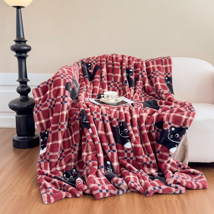 91家纺网 家纺一手货源 找家纺 璐维斯 2025新款A类兔毛绒双层多功能被套毯带拉链 卡通花卉牛奶绒毛毯秋冬保暖毯子盖毯 甜酷猫-红