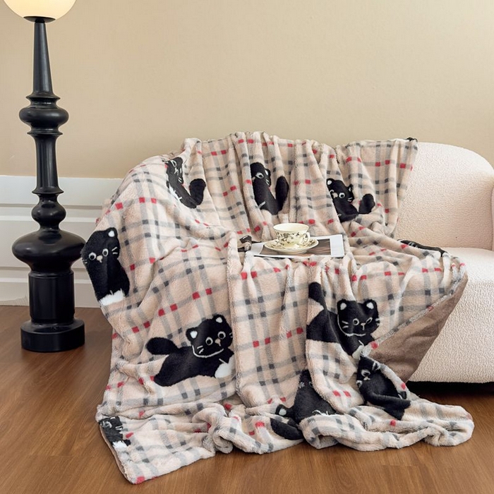 91家纺网 家纺一手货源 找家纺 璐维斯 2025新款A类兔毛绒双层多功能被套毯带拉链 卡通花卉牛奶绒毛毯秋冬保暖毯子盖毯 甜酷猫-咖