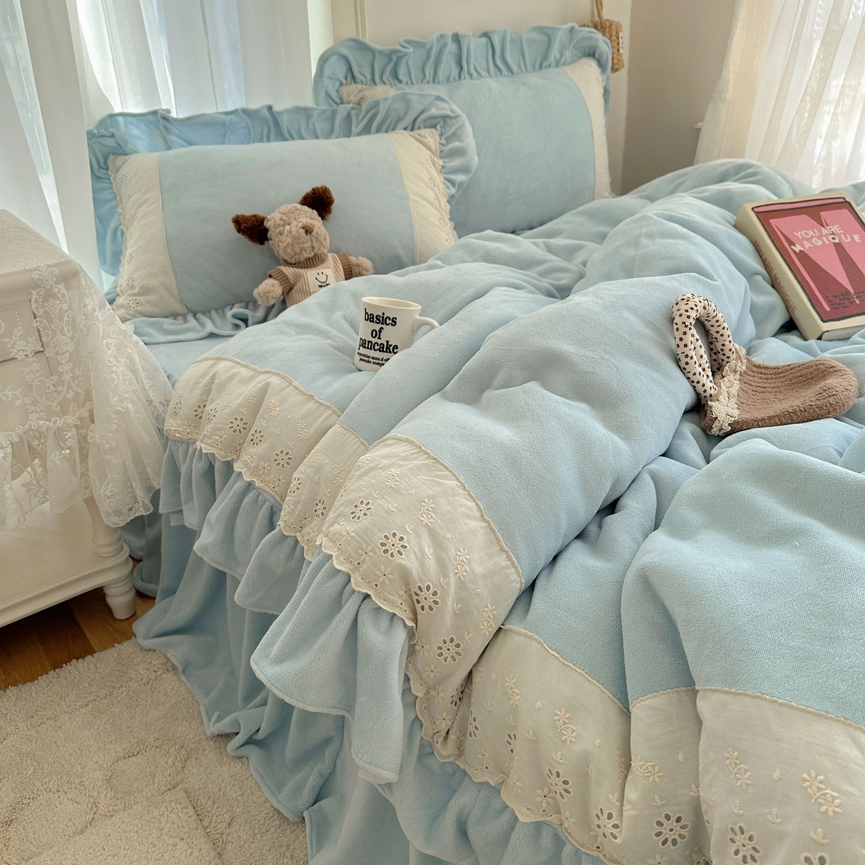 轻奢坊 2025新款牛奶绒纯色全棉蕾丝大花边四件套-软乎系列 软乎蓝