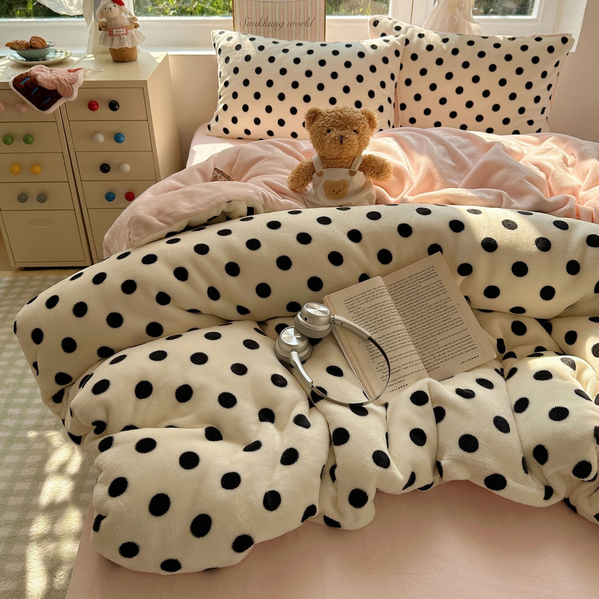 91家纺网 家纺一手货源 找家纺 优选 2025新款小清新加厚高克重牛奶绒四件套直播爆款电商爆款波利圆点-白