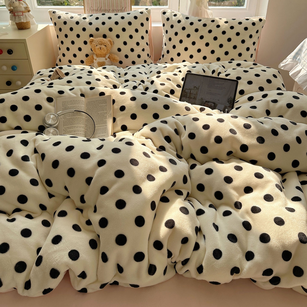 91家纺网 家纺一手货源 找家纺 优选 2025新款小清新加厚高克重牛奶绒四件套直播爆款电商爆款波利圆点-白