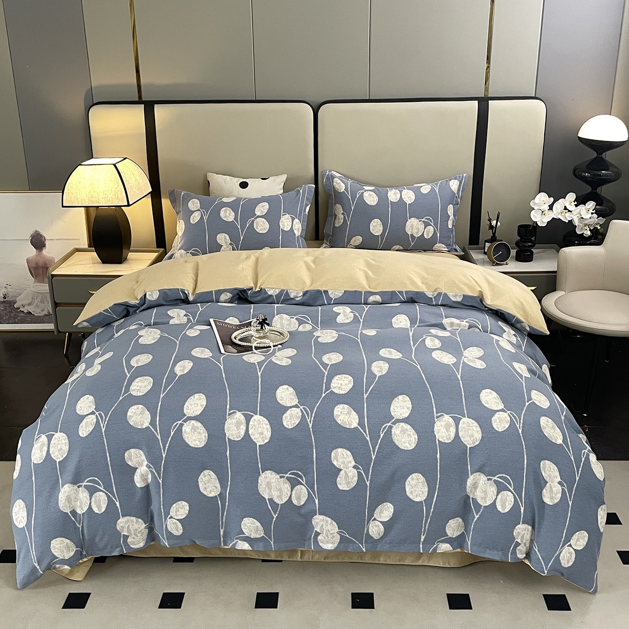 91家纺网 家纺一手货源 找家纺 仟岸家纺 2025新款亲肤舒适全棉磨毛四件套系列 向云端 灰