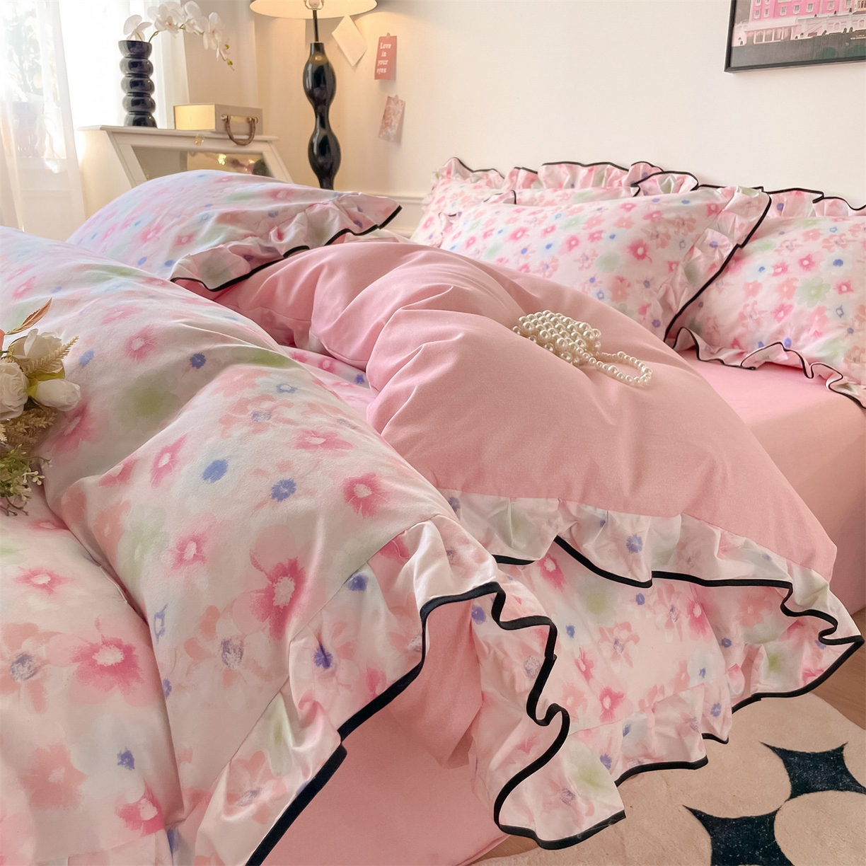 91家纺网 家纺一手货源 找家纺 （总）义博家纺 2025新款韩版花边印花四件套四件套