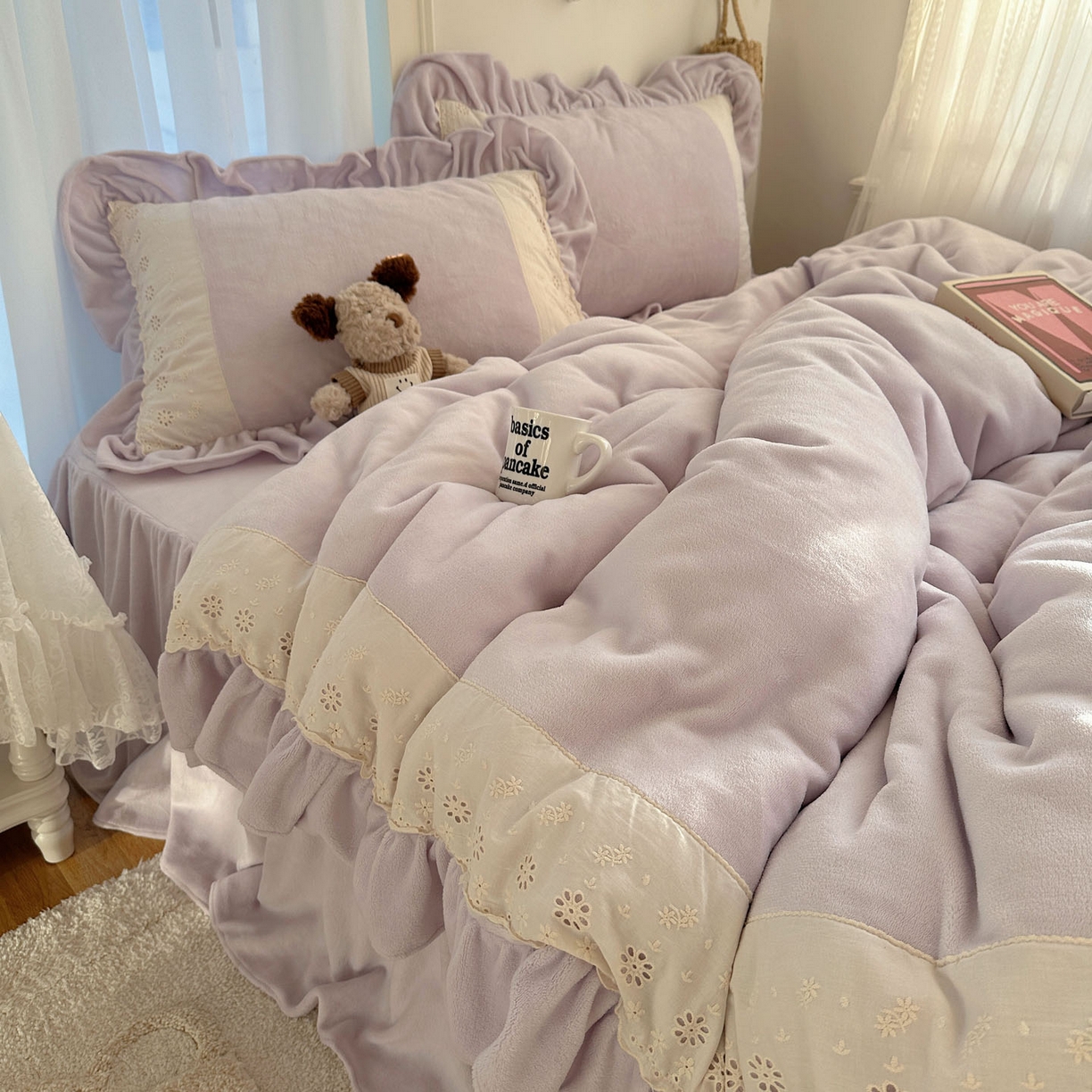 轻奢坊 2025新款牛奶绒纯色全棉蕾丝大花边四件套-软乎系列 软乎紫