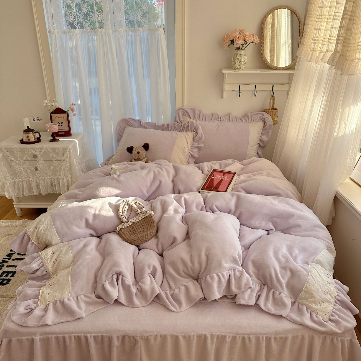 91家纺网 家纺一手货源 找家纺 轻奢坊 2025新款牛奶绒纯色全棉蕾丝大花边四件套-软乎系列 软乎紫