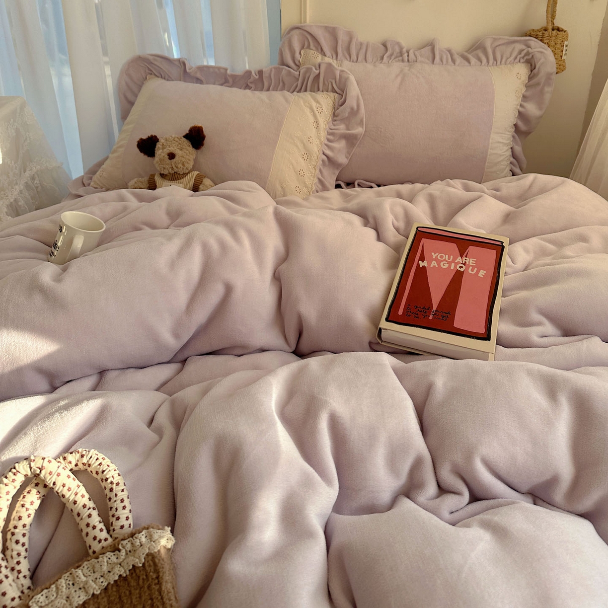 91家纺网 家纺一手货源 找家纺 轻奢坊 2025新款牛奶绒纯色全棉蕾丝大花边四件套-软乎系列 软乎紫