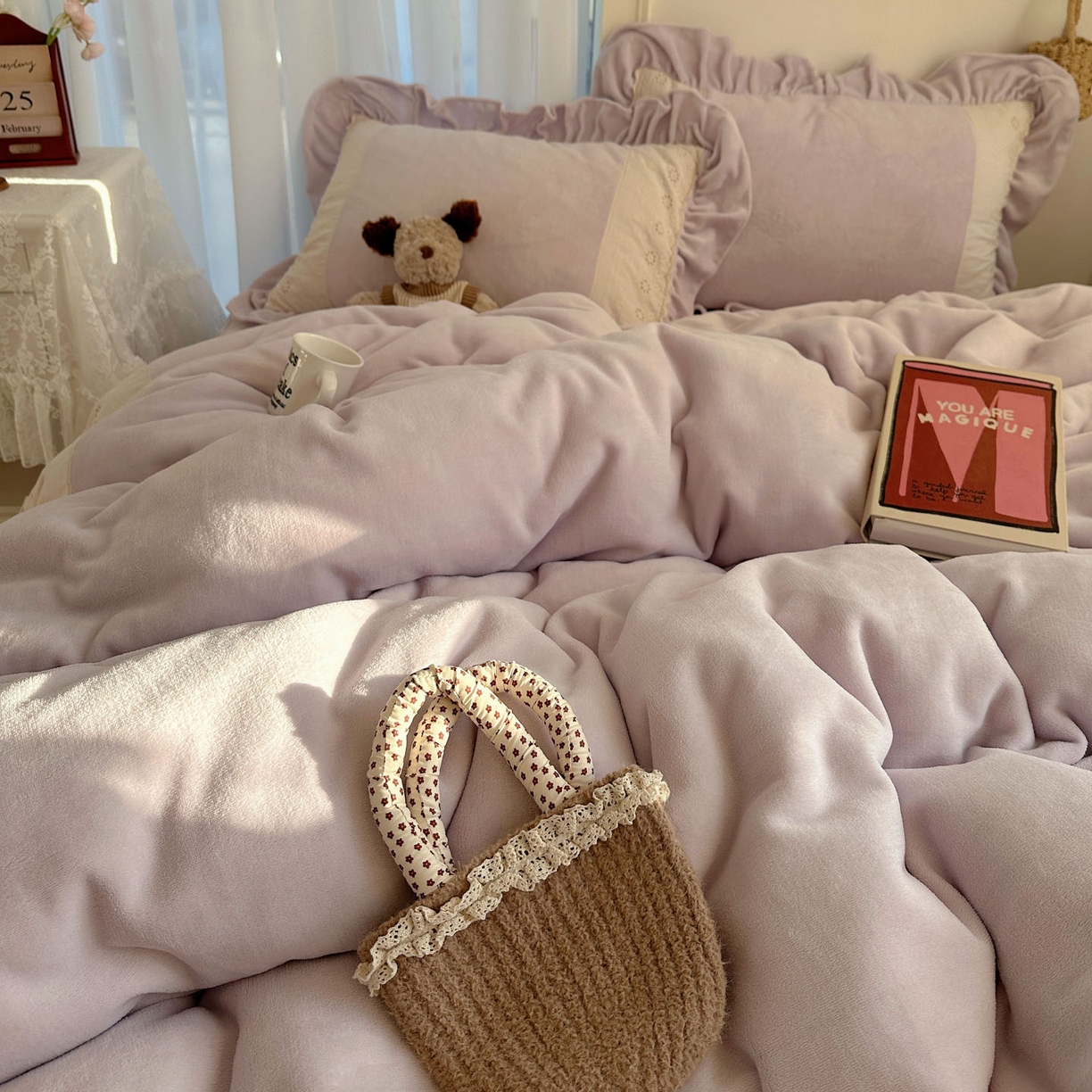 91家纺网 家纺一手货源 找家纺 轻奢坊 2025新款牛奶绒纯色全棉蕾丝大花边四件套-软乎系列 软乎紫