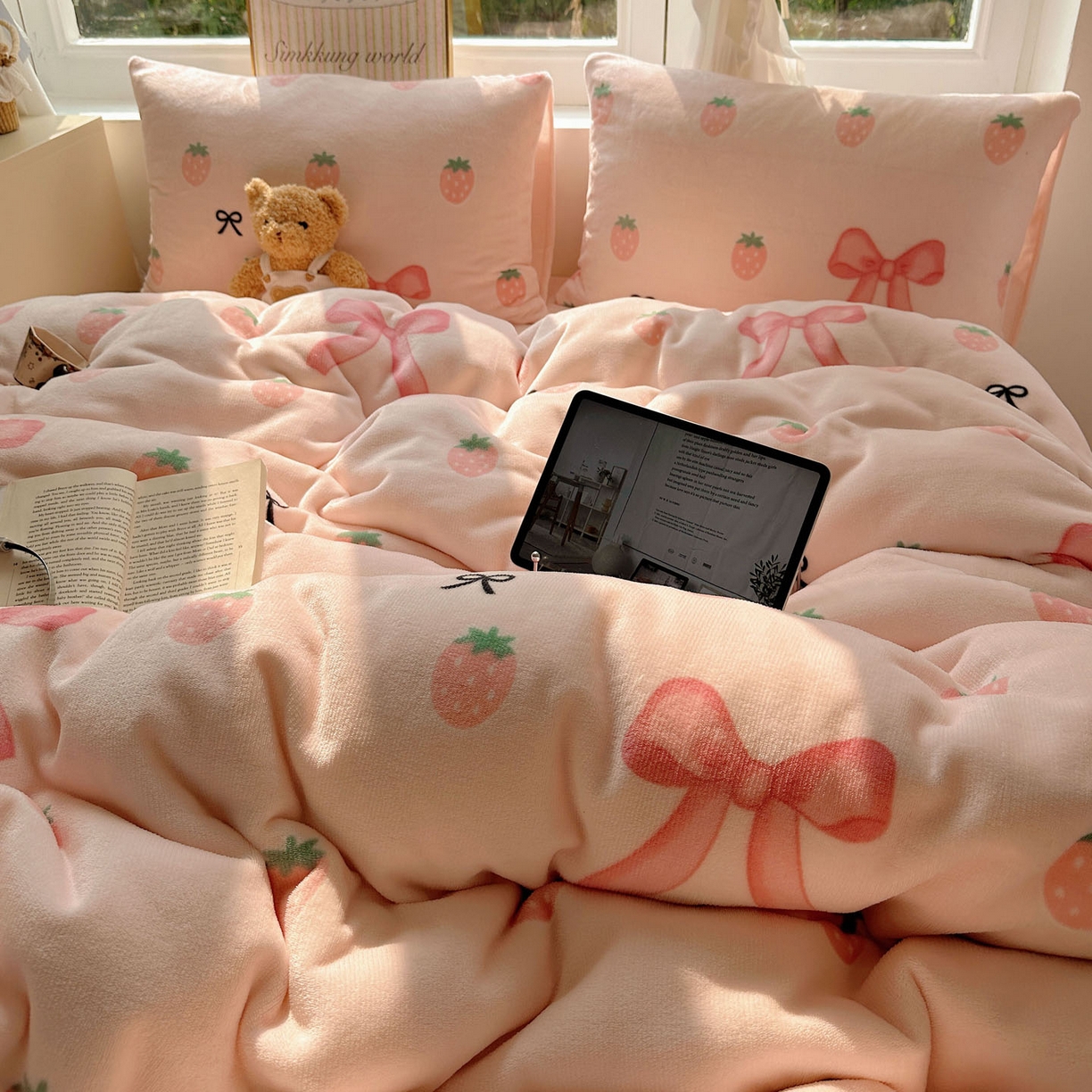 91家纺网 家纺一手货源 找家纺 优选 2025新款小清新加厚高克重牛奶绒四件套直播爆款电商爆款草莓蝴蝶结