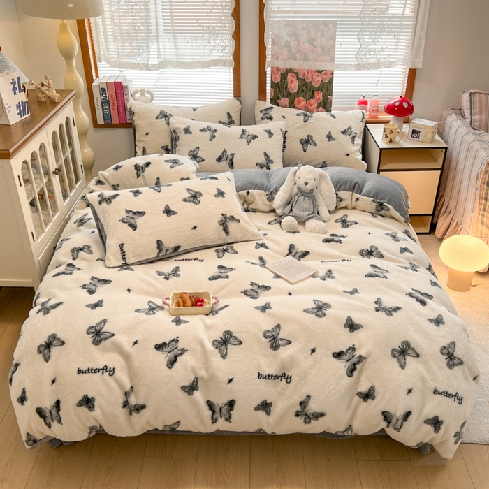 91家纺网 家纺一手货源 找家纺 妖妖家纺 2025新款加厚印花兔毛绒保暖四件套 幻蝶