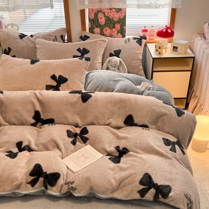 妖妖家纺 2025新款加厚印花兔毛绒保暖四件套 少女心蝴蝶结