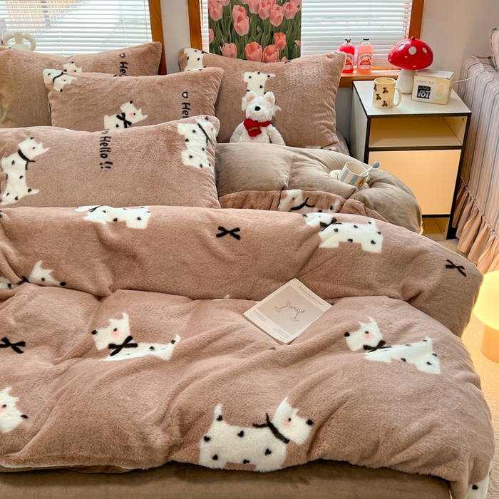 妖妖家纺 2025新款加厚印花兔毛绒保暖四件套 你好小狗