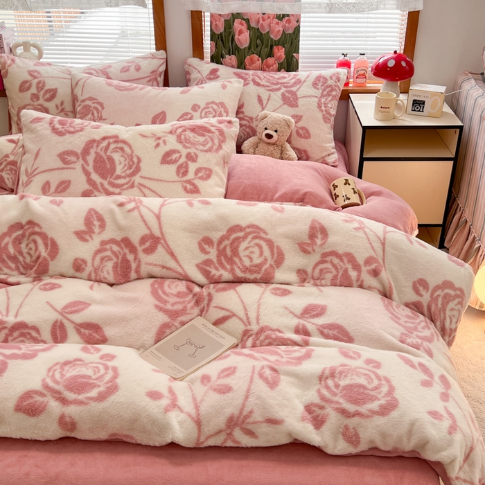妖妖家纺 2025新款加厚印花兔毛绒保暖四件套 丝绒玫瑰