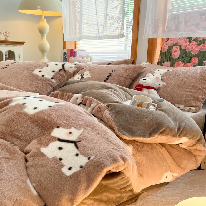 91家纺网 家纺一手货源 找家纺 妖妖家纺 2025新款加厚印花兔毛绒保暖四件套 你好小狗