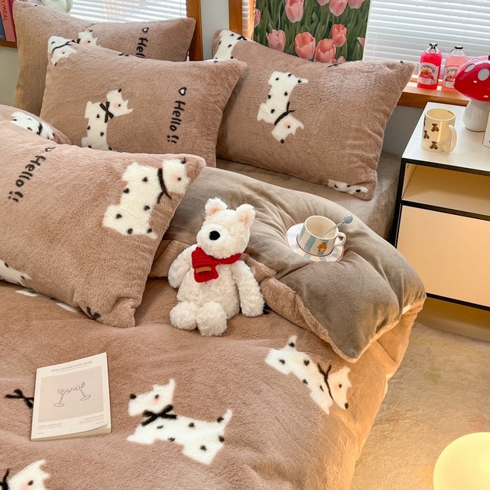 91家纺网 家纺一手货源 找家纺 妖妖家纺 2025新款加厚印花兔毛绒保暖四件套 你好小狗