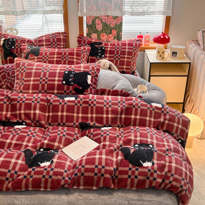 妖妖家纺 2025新款加厚印花兔毛绒保暖四件套 月下猫舞