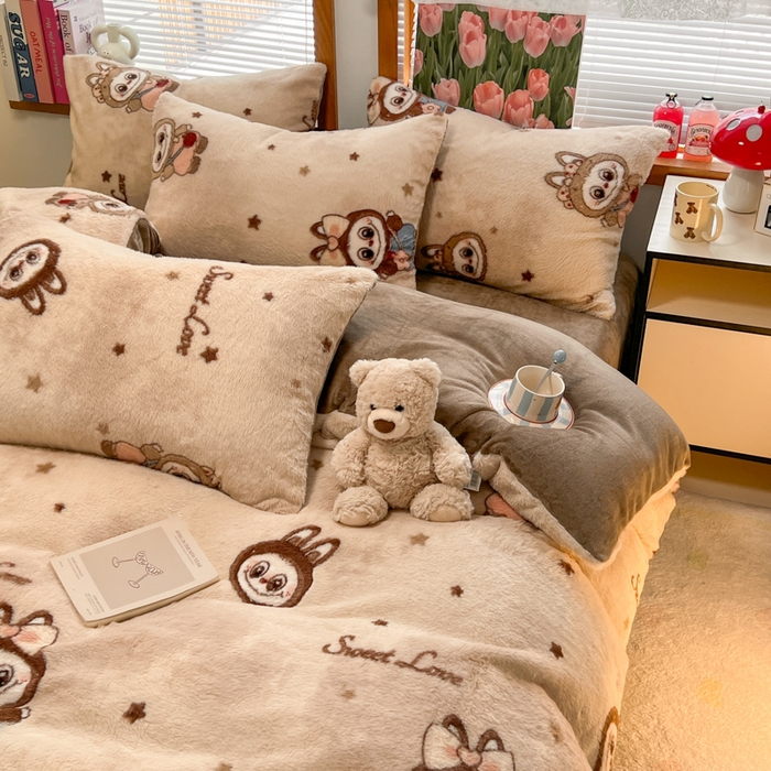 91家纺网 家纺一手货源 找家纺 妖妖家纺 2025新款加厚印花兔毛绒保暖四件套 甜萌布布