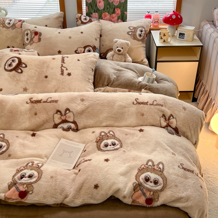 妖妖家纺 2025新款加厚印花兔毛绒保暖四件套 甜萌布布