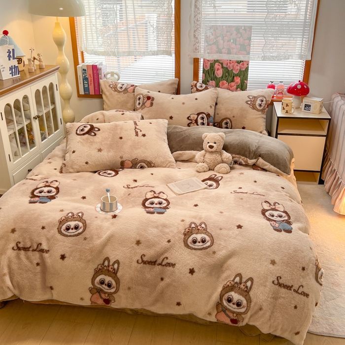 91家纺网 家纺一手货源 找家纺 妖妖家纺 2025新款加厚印花兔毛绒保暖四件套 甜萌布布